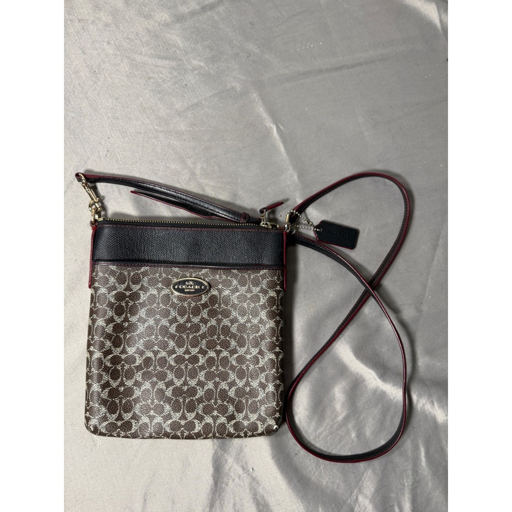 Coach Signature Monogram North South Swingpack Crossbody Bag Brown Black